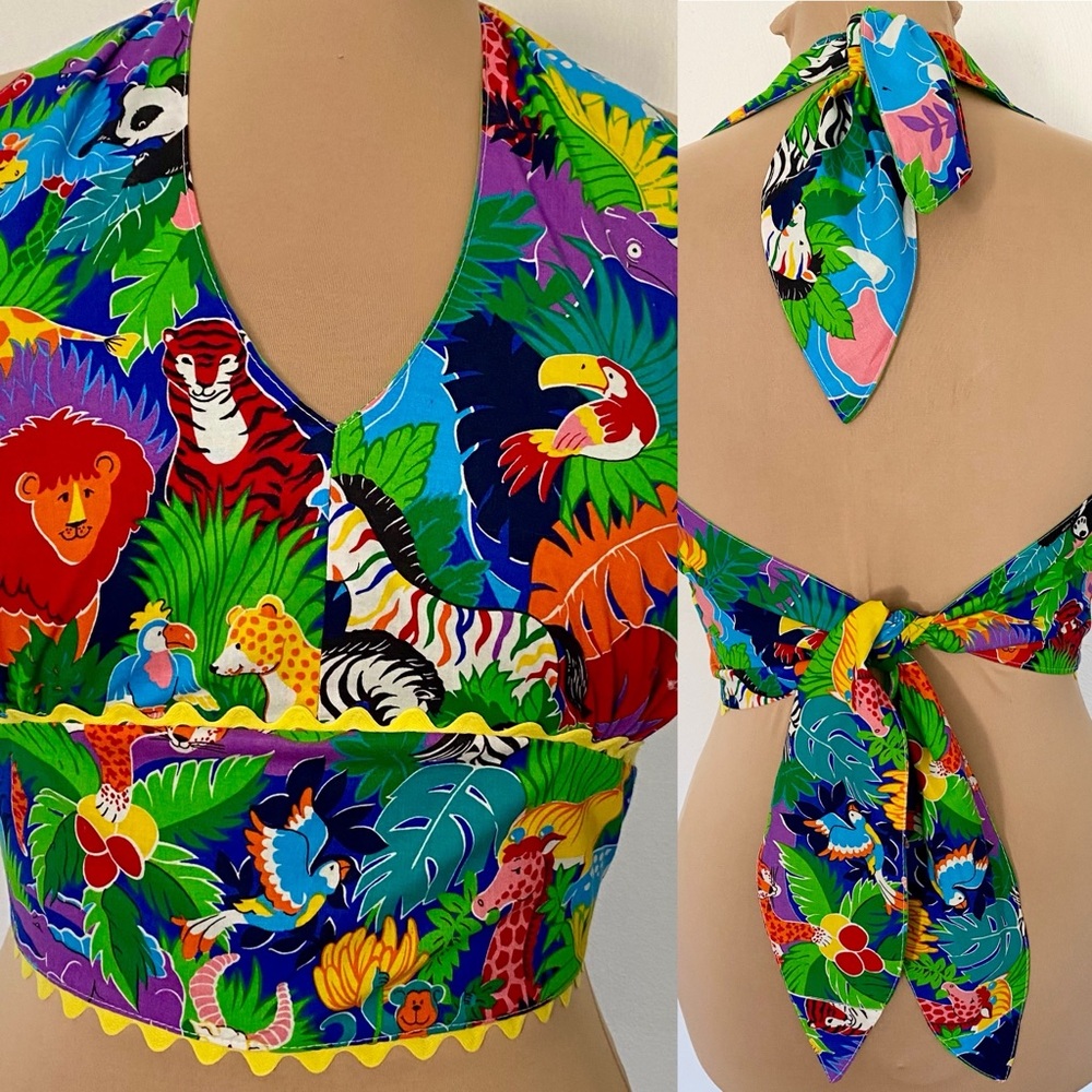 Vintage 50s-Inspired JUNGLE Animals Halter Top *1X/42* Boho Backless Crop Top
